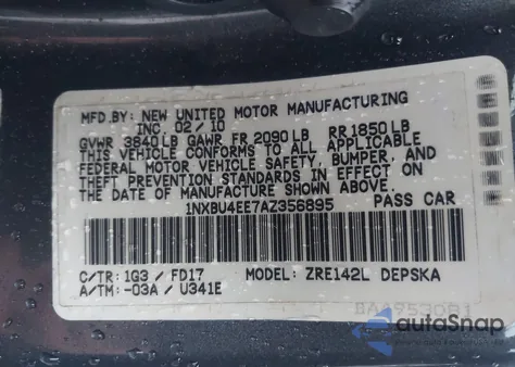 2010 Toyota Corolla S z USA, uszkodzony, nr VIN 1NXBU4EE7AZ356895